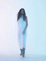 Model in a white fringed dress and dark boots standing against a light blue backdrop for InStyle Australia
