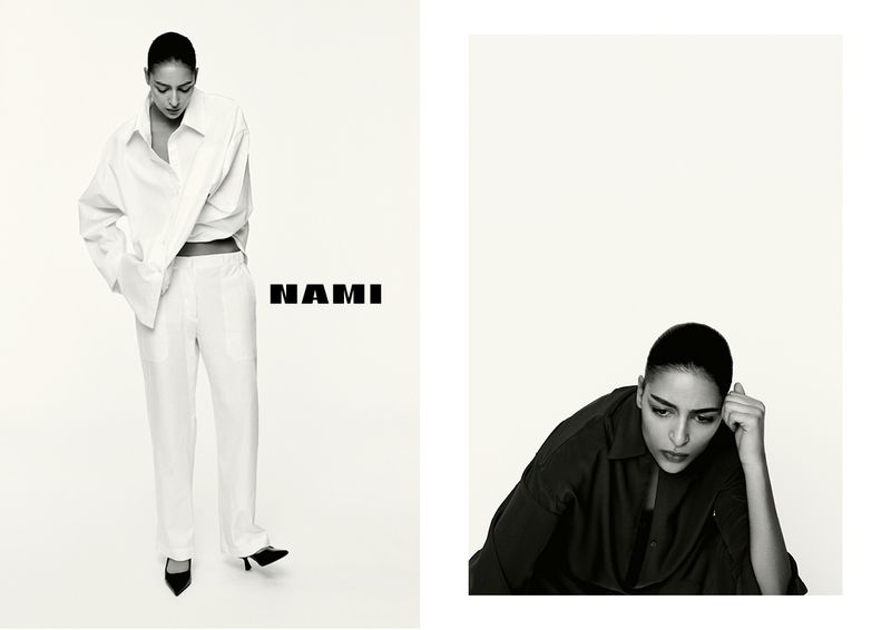 A woman poses wearing a white shirt and pants and black heels in a minimalist fashion portrait; a second portrait shows her in black.