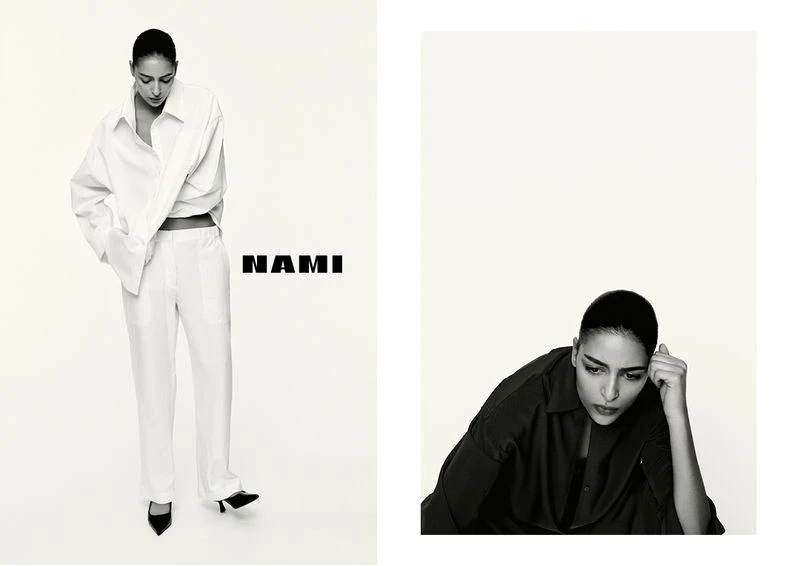A woman poses wearing a white shirt and pants and black heels in a minimalist fashion portrait; a second portrait shows her in black.