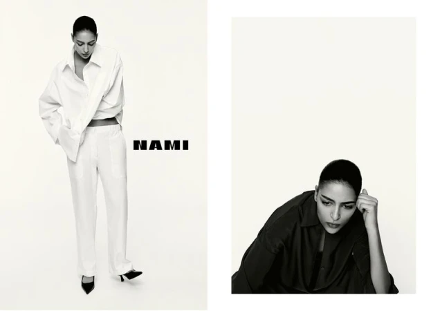 A woman poses wearing a white shirt and pants and black heels in a minimalist fashion portrait; a second portrait shows her in black.