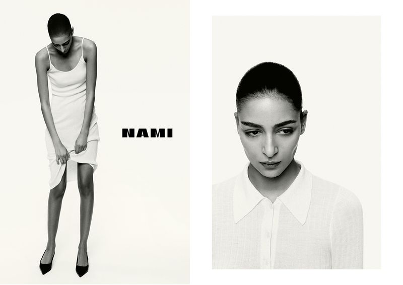 Black-and-white fashion shot with a slender woman in a white dress and black heels, alongside a portrait of her face in a white collared shirt.