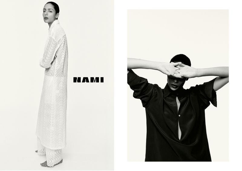 Monochrome fashion editorial featuring two poses: a woman in a white lace outfit and a woman in a dark, oversized button-down shirt.