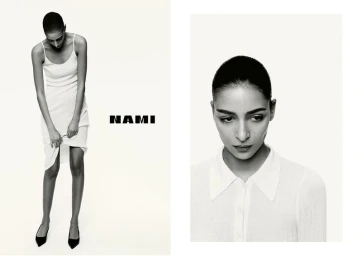 Model Nora Attal in a white dress and portrait crop for Nami Drop 4 The old course campaign against a plain white background