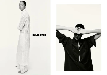 Model Nora Attal in Nami campaign wearing white crochet tunic and black blouse against a white background