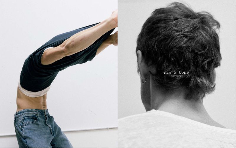 Split-screen studio shot: an adult man bends backward, pulling at his t-shirt, contrasted with the nape of another man's neck.