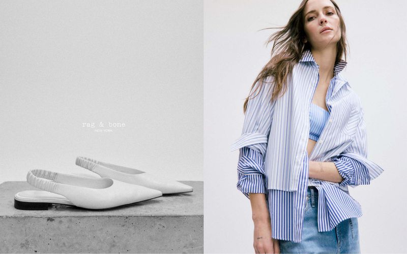 Rag & Bone fashion creative featuring white slingback heels, and an adult woman wearing an open blue striped shirt and denim skirt.