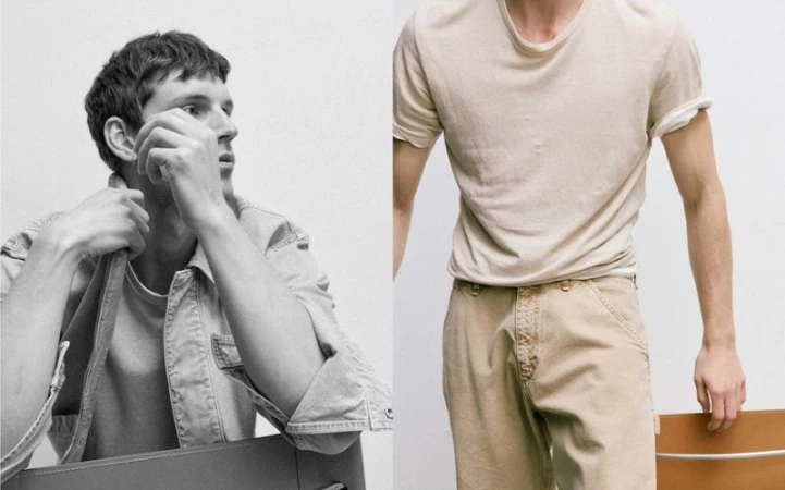 Two men model tan-colored tees and light-wash denim in a split-screen studio portrait, showcasing casual fashion against a plain backdrop.