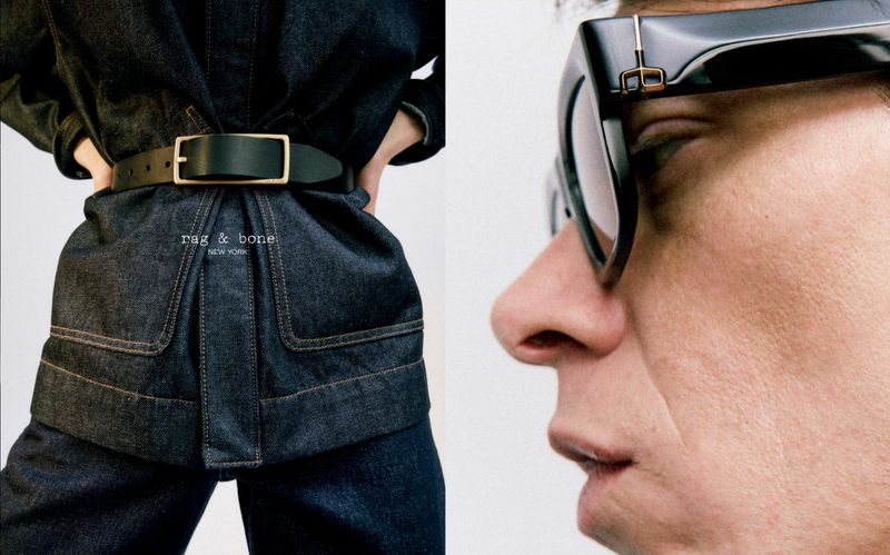 Fashion editorial shot featuring a waist-up view of a person in a denim jacket and belt, contrasted with a close-up of a person wearing sunglasses.