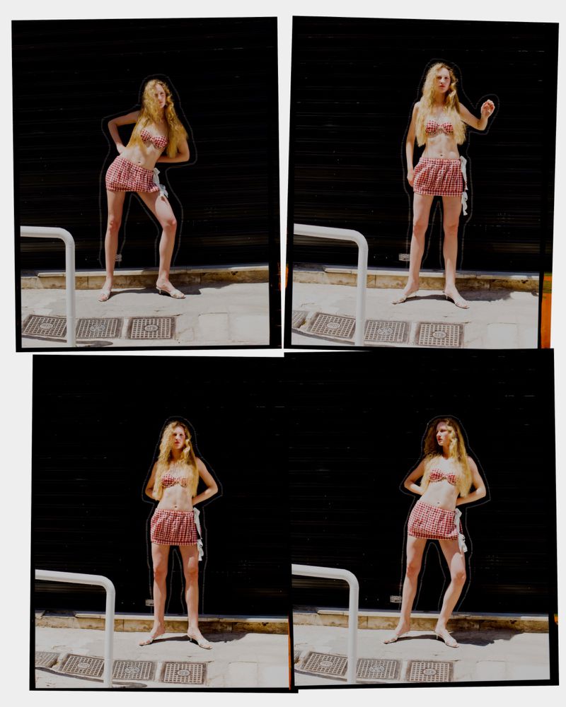A woman poses in a two-piece outfit, divided into four distinct frames, set against a dark background, and placed on a white backdrop.