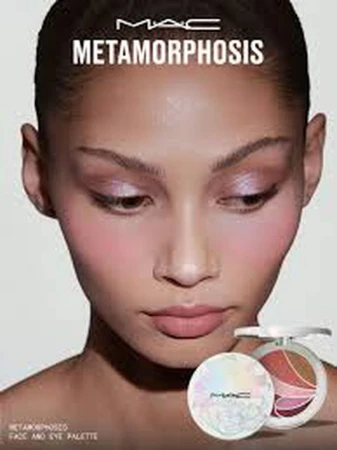 Close-up of a woman with pink blush and eyeshadow, next to MAC Metamorphosis face and eye palette, makeup, beauty, and cosmetic advertising.