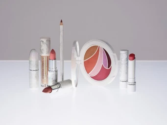 MAC Cosmetics makeup products including lipsticks, lip gloss, lip pencil, and a multi-shade eyeshadow palette
