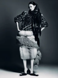 Model wearing textured fur garments and heels posing against a dark gradient studio backdrop for a fashion project