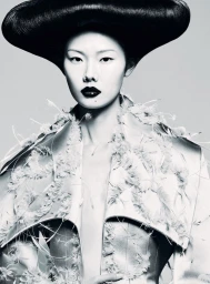 Model wearing a large black sculpted hat and feather-trimmed jacket against a grey seamless background.