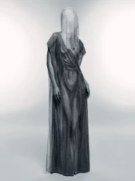 Model wearing a sheer dark metallic dress with a silver chain fringe veil covering the face against a white gradient background.