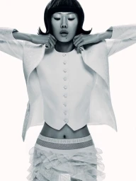 Model wearing a white buttoned vest and jacket with a ruffled skirt against a plain white background