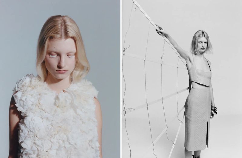 Two fashion shots show a blonde woman in a white floral top and a two-piece outfit with a grid in a studio setting.