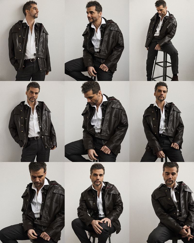 Multiple images of a man in a leather jacket and white shirt in various poses against a plain background, showcasing a range of expressions.