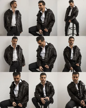 Collage of nine portraits of Wagner Moura wearing a dark leather jacket and white shirt against a neutral background.
