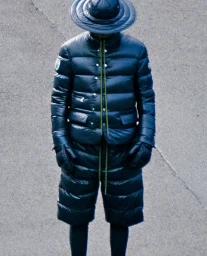 Model wearing dark quilted puffer jacket, matching shorts, gloves, and wide-brimmed hat standing on concrete.