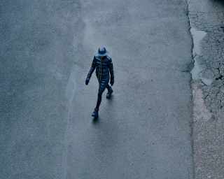 High-angle shot of a person wearing a shiny puffer jacket and round hat walking along a dark asphalt road.