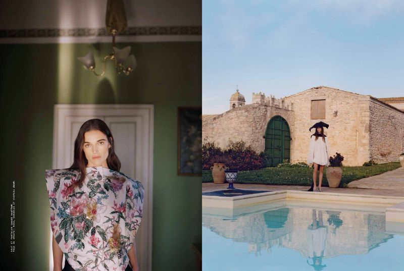 Two panel diptych image showing a model indoors against a green wall and standing by an outdoor swimming pool for Mixte