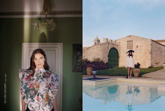 Two panel diptych image showing a model indoors against a green wall and standing by an outdoor swimming pool for Mixte