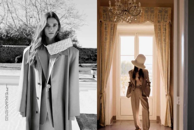 A diptych showing a model in an oversized coat on the left, and a figure in a tailored beige suit and wide-brimmed hat on the right.