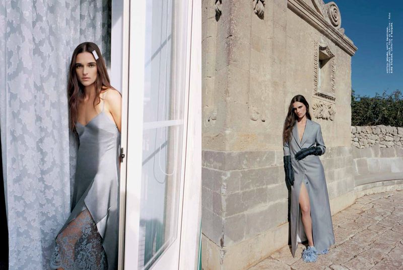 Two-part fashion shot: a woman in a gray slip dress by a window with a lace curtain; another woman in a gray coat dress outside a building.