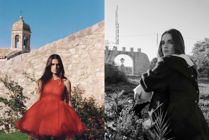 A woman poses in a red dress against a stone wall and a black and white outdoor scene with a woman in a coat.