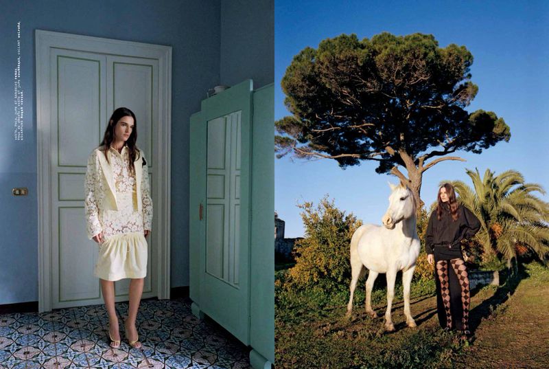 Two-part fashion editorial: a model in a patterned outfit stands in a blue room, and a model and horse pose outdoors by a tree.