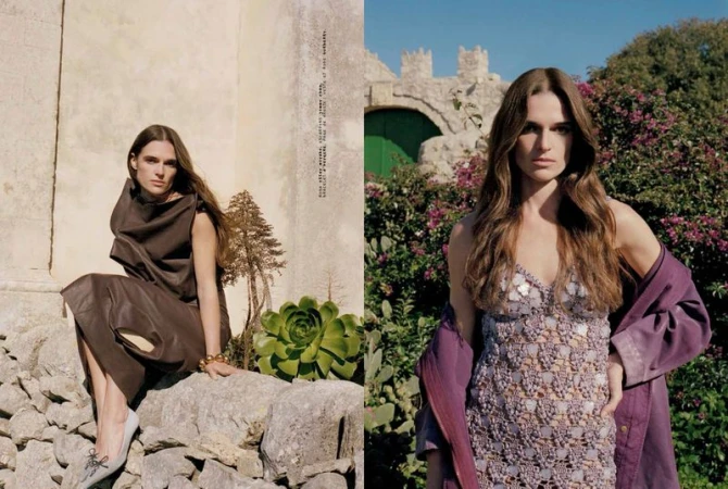 Model Lily Vogt in a brown dress and a second look in a purple embellished dress outdoors for Mixte