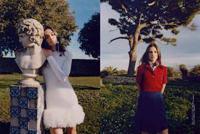 Split view fashion editorial featuring a model leaning on a classical stone bust and standing in a grassy landscape for Mixte