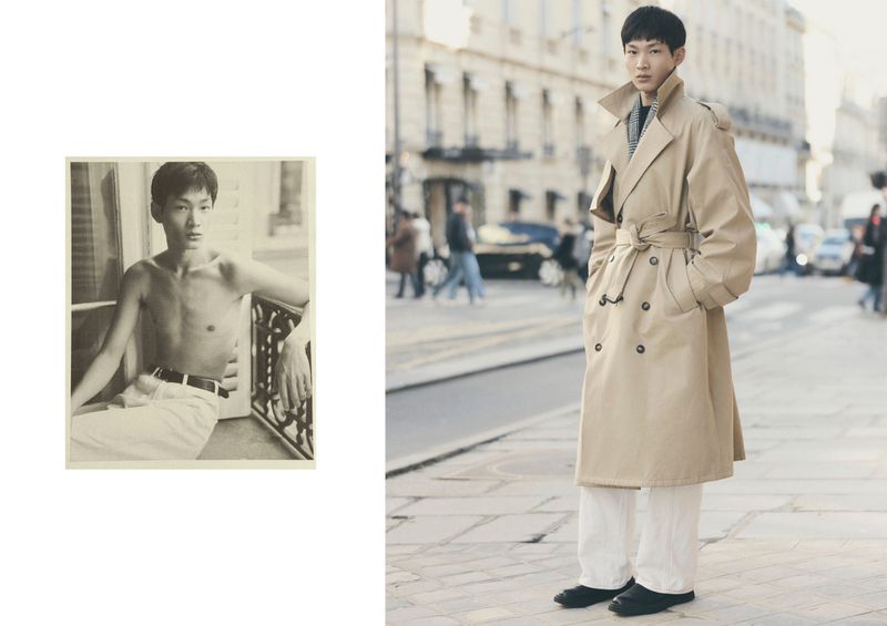Asian man poses in a trench coat on a city street next to a smaller vintage photo of a shirtless man in white pants.