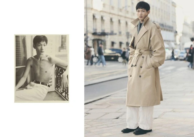 Asian man poses in a trench coat on a city street next to a smaller vintage photo of a shirtless man in white pants.