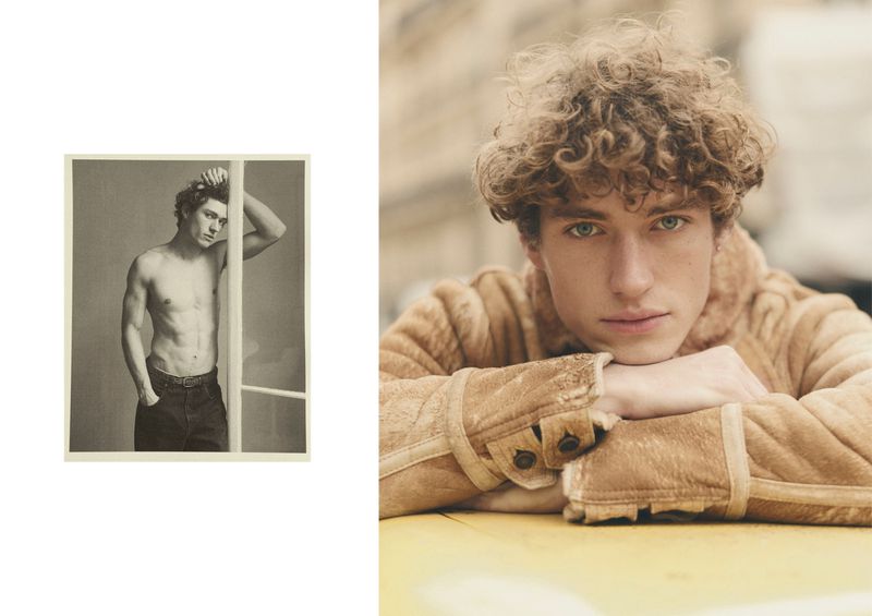 Dual portrait featuring a shirtless man in a photo and a man with curly hair wearing a shearling jacket on a yellow surface.
