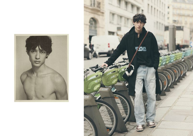 Portrait of a young man with curly dark hair in a photo studio, alongside a shot of him in streetwear leaning on bicycles on a city street.