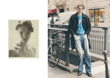 Young man in a black jacket and blue t-shirt standing outdoors by a bicycle rack with an inset monochrome portrait.