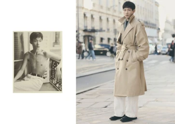Man wearing a long tan trench coat standing on a city street beside a smaller inset black and white photograph