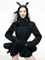Model Mariacarla Boscono in a structured black coat with a horned headpiece on white seamless background