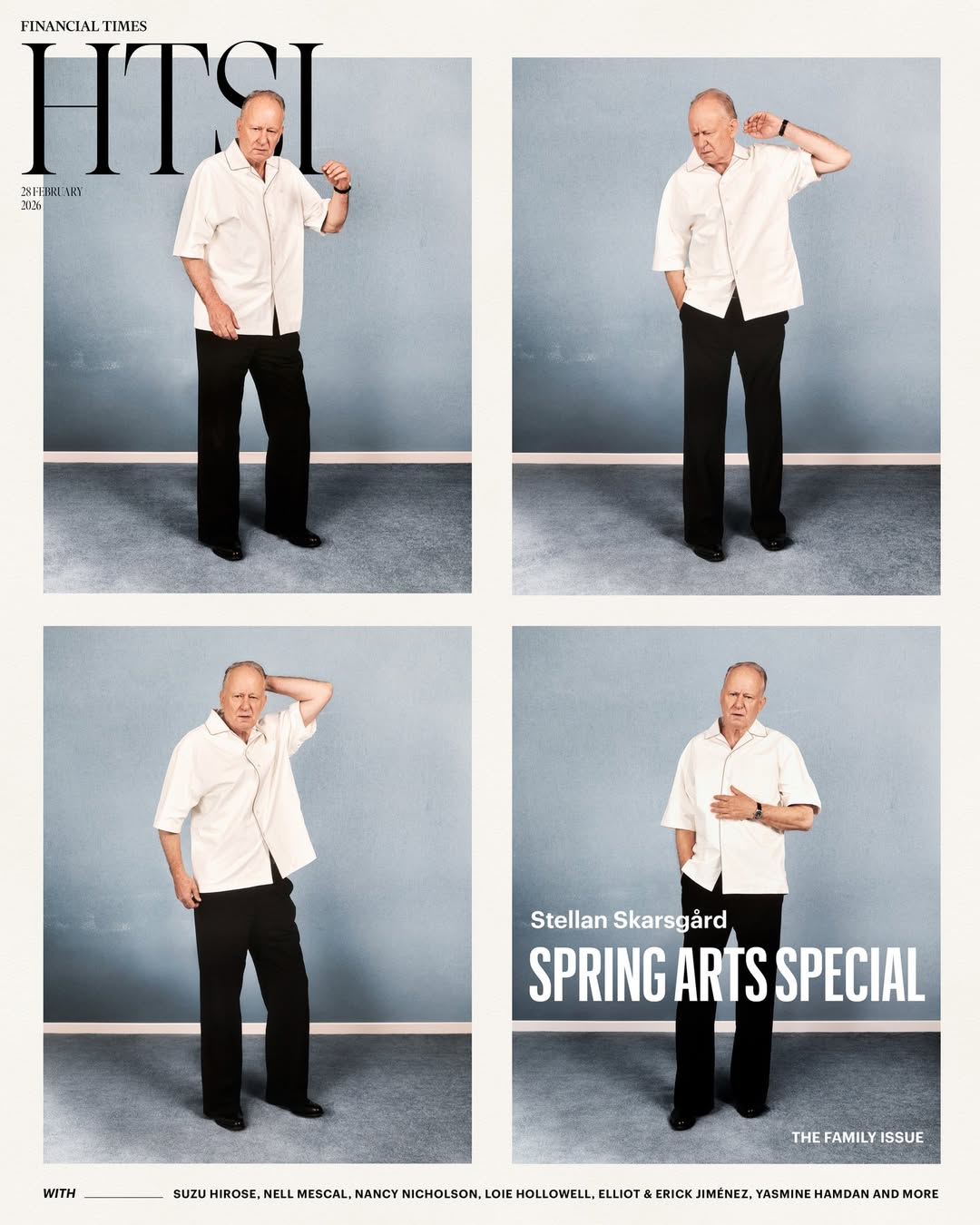 Magazine cover featuring Stellan Skarsgård in a grid of poses against a pale blue background wearing a white shirt and dark pants.