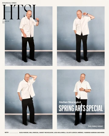 Magazine cover featuring Stellan Skarsgård in a grid of poses against a pale blue background wearing a white shirt and dark pants.
