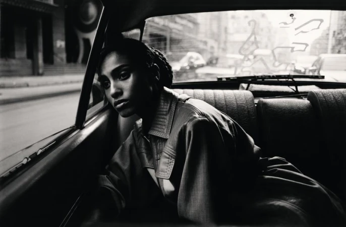 Monochrome portrait of a woman with braided hair, wearing a collared jacket in the backseat of a car, looking out the window at a cityscape.