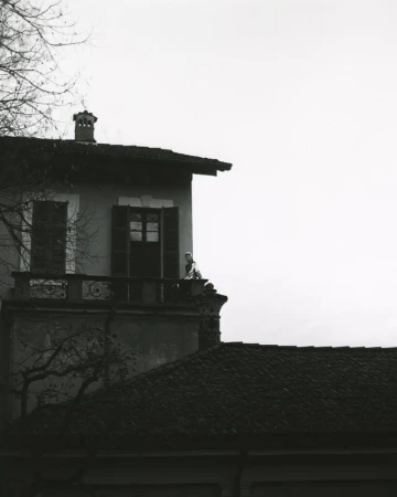 Black and white photo of a person standing on the balcony of a building, with a visible rooftop and bare trees in the background.