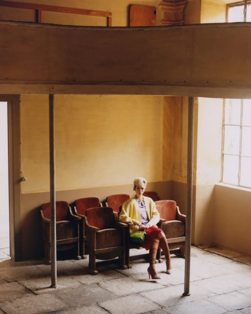 Woman in a yellow cardigan sitting in a vintage theater with empty seats, wearing a colorful outfit with red heels, and a green bag.
