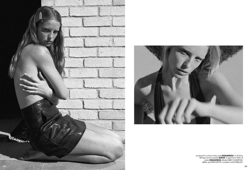 Black and white fashion image featuring a young woman kneeling next to a brick wall wearing a skirt, with a second photo on the right.