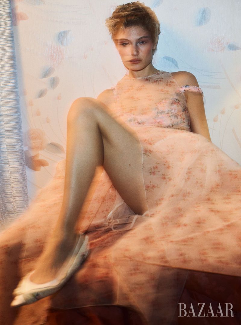 Model Bibi Breslin wearing a pink floral tulle dress in an editorial for Harper's Bazaar U.S. photographed by Josh Olins