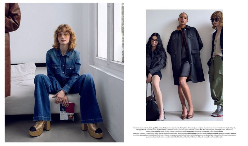 Editorial fashion shot of a female model in a denim jumpsuit, seated next to a window, contrasted with two models in dresses and coats.