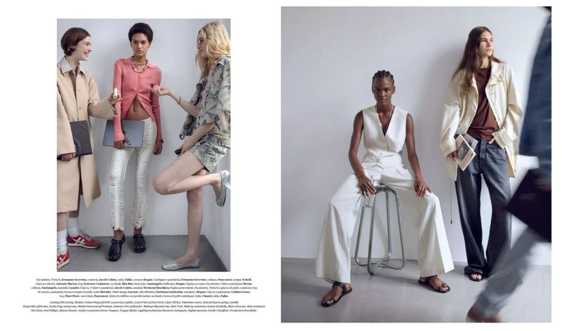 Fashion editorial featuring a group of diverse young adult models in a studio setting, wearing trendy clothing and accessories.