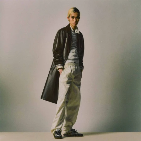 Full-length shot of a young adult with blond-streaked hair, wearing a black leather coat, light grey shirt, and striped pants in a studio.