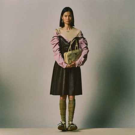 Model standing against a neutral studio backdrop wearing a brown dress over a pink shirt, holding a light handbag.